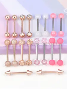 Rhinestone Decorated Nipple Tongue Ring, 18pcs Stainless Steel Piercing Nipple Ring, Cubic Zirconia Body Jewelry for Women & Men, Body Piercings Set