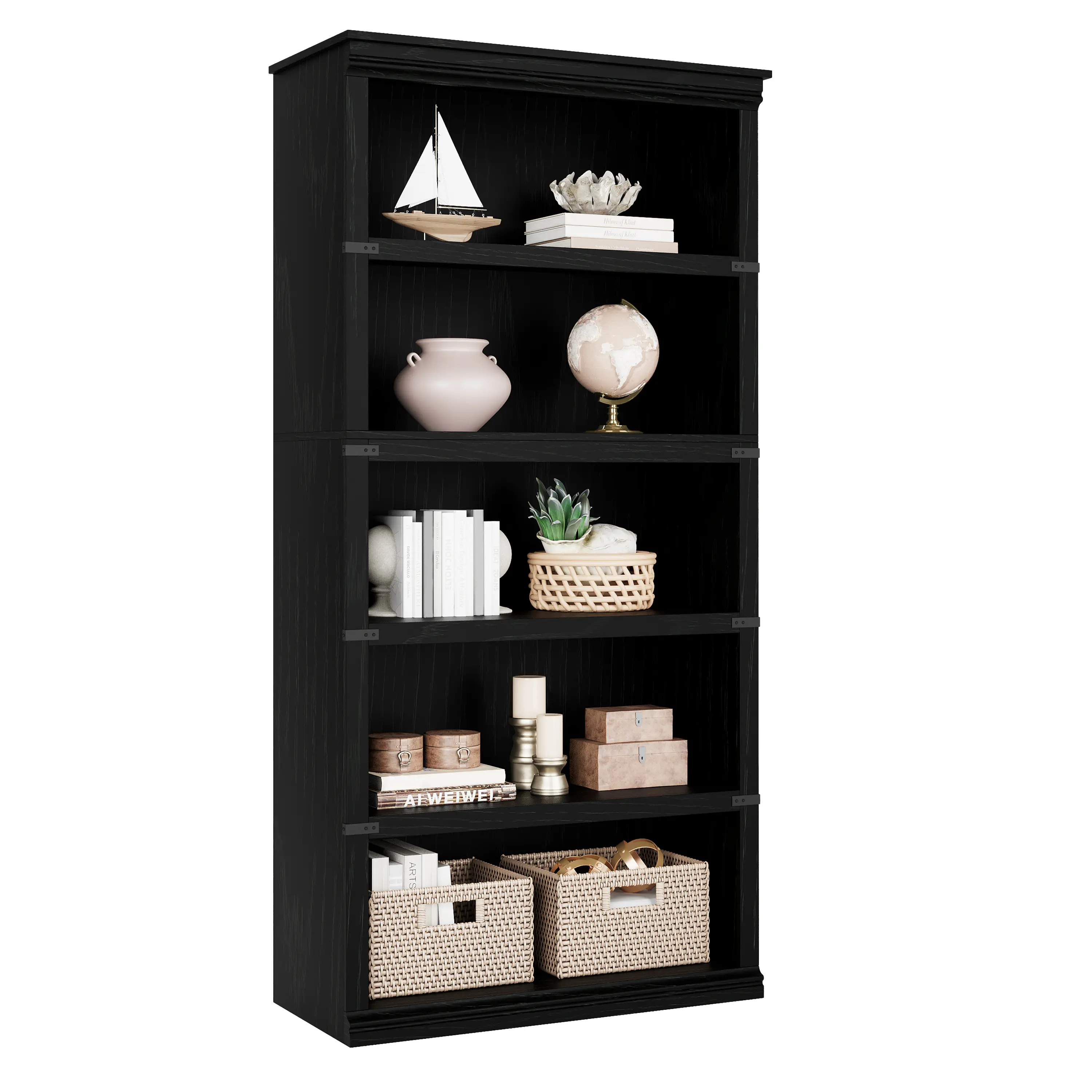 5-Tier Vintage Style Bookcase, 67.4" Tall, 32" Wide, Freestanding Wooden Display Shelf, Available in Black or Brown-Red