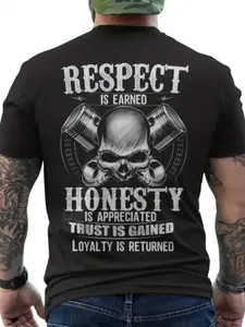 Men's & unisex (same style)  Cotton 220GSM T-Shirt - Respect Is Earned Back Print with Skull & Pistons Graphic, Retro Streetwear Tee for Casual Wear, Gym, Motorcycle - Ideal Gift for Men