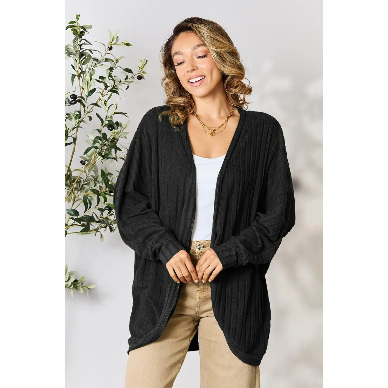 Women's Full Size Ribbed Cocoon Cardigan, Stretchy Knitwear Style Casual Top, Tops
