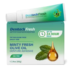 Denttach Fresh Denture Adhesive with Invigorating Mint Flavor, Petroleum Free Olive Oil Based Denture Cream for Full and Partial Dentures, All Day Hold Denture Glue, Zinc Free, 2.4 Ounce