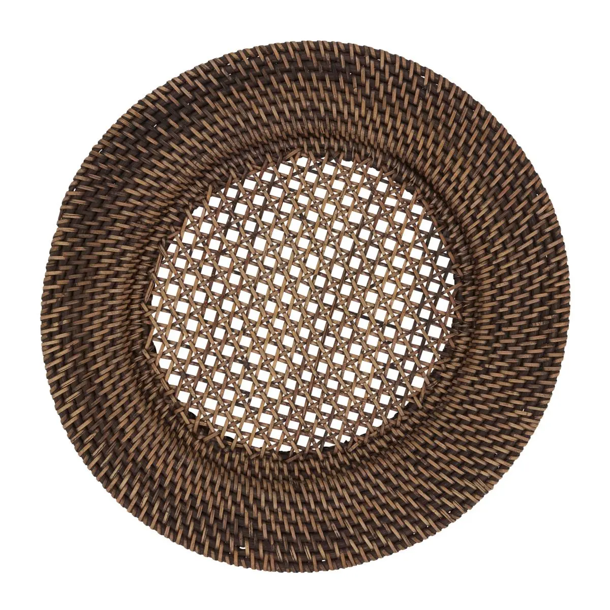 212 MAIN Handmade 4-Piece Rattan Charger Plates Set - 13 in. Classic Round, Casual Rustic Brown Artisan Kitchen Tableware for Back-to-Nature Tabletop Use, Campfire / Bbq Party