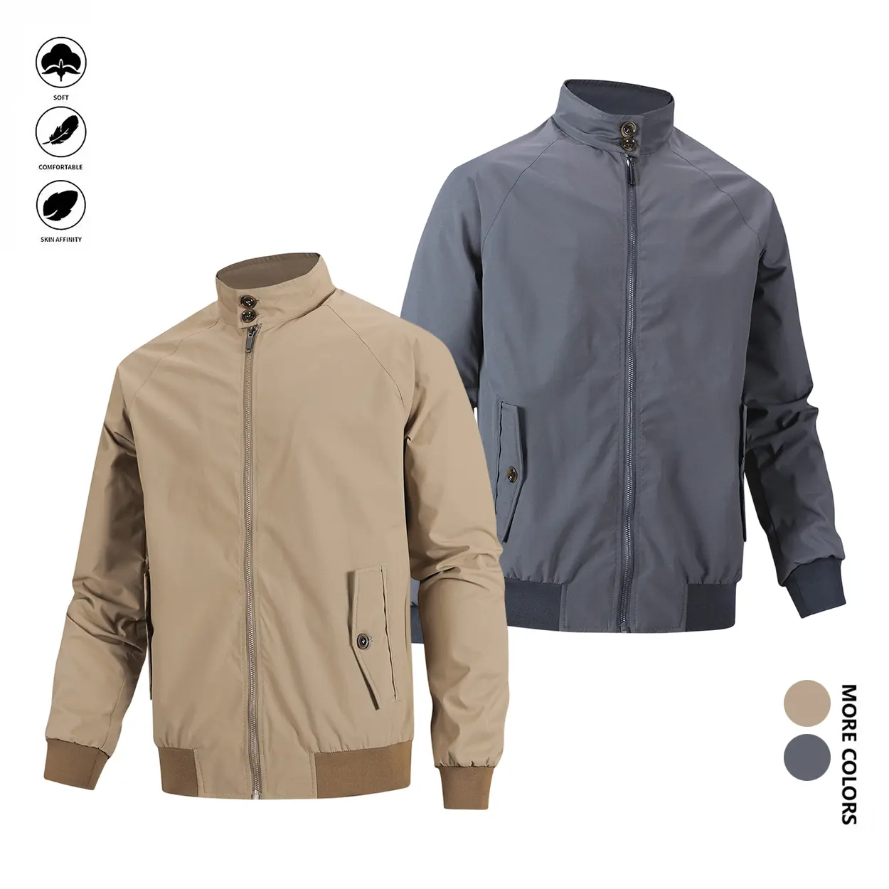Men's Lightweight Plain Retro Harrington Bomber Jacket - Windproof Stand Collar Coat with Button Closure, Zipper Pockets