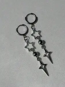 Punk Gothic Star Earrings, Y2K Alternative Silver Color Pendant Hoop Earrings, Star Moon Earrings, Festival Gift, Unisex Jewelry