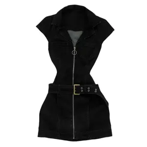 American Retro Black Denim Short Dress Women Summer Zipper Elegant Slim One Piece Dress Korean Fashion Design Casual Clothing