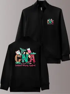 New Nurse Print Women's Casual Stand Collar Zipper Jacket, Pockets, Slight Stretch, Knit Fabric, Perfect Gift for Nurses, Casual Fitted Jacket