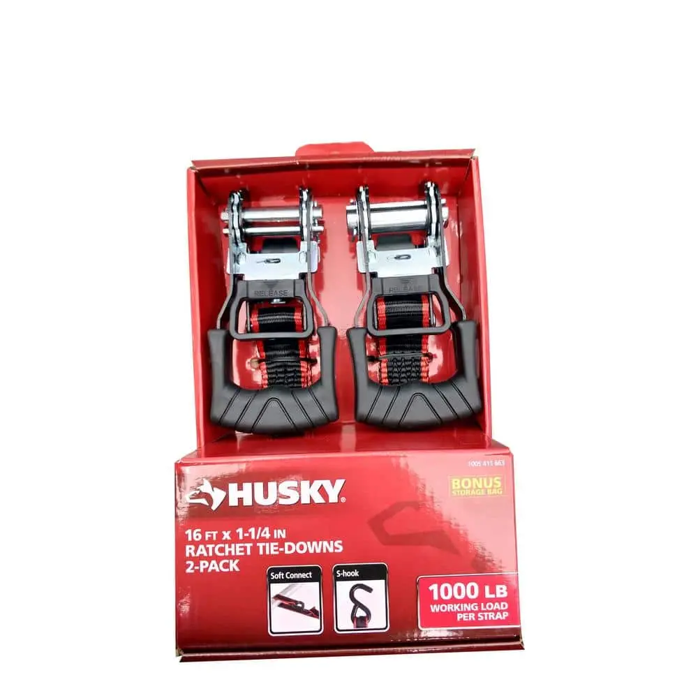Husky Heavy Duty Ratchet Tie-Down Straps 2-Pack (16ftx1.25in), 1000 lbs Working Load, UV & Weather Resistant Polyester Webbing, Non-Marring S-Hooks, Storage Bag, Polyester Rope, Storage Organization, Includes Hooks, Versatility for Luggage Accessories