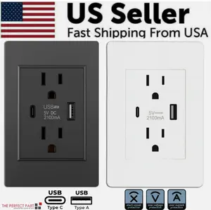 Dual Wall Outlet with USB Ports Charger AC Power Receptacle Plate Panel 15A 120V