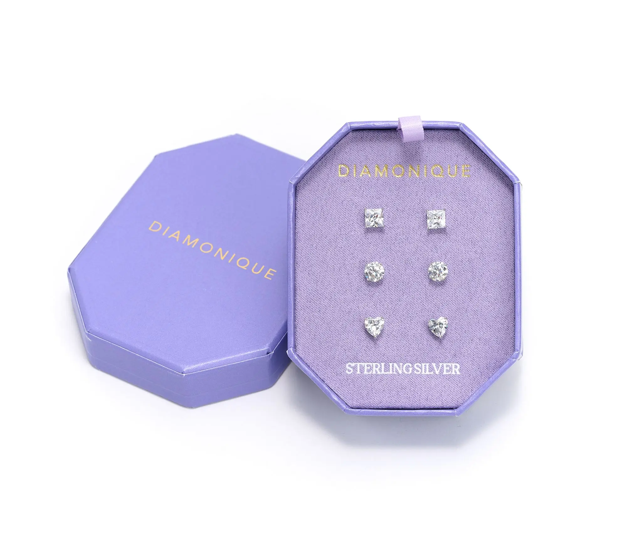 Diamonique Set of 3 Mixed Cut Stud Earrings w/ Box Sterling Silver Diamonique Set of 3 Mixed Cut Stud Earrings w/ Box Sterling Silver