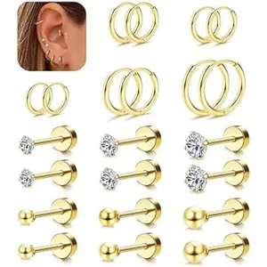 Exquisite 11Pairs Gold Stud Earrings Gold Small Hoop Earrings Set for Multiple pierced earrings Cubic Zirconia Hypoallergenic Steel Earrings Flat Back Cartilage Sleeper Earrings for Women