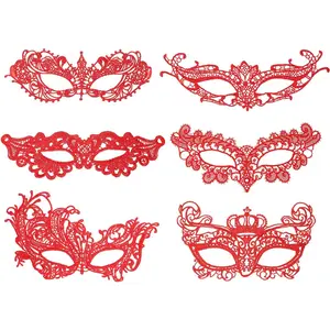 6Pcs Assorted Shapes Halloween Lace Masks Sexy Venetian Masquerade Lace Eye Mask with Ribbon for Women