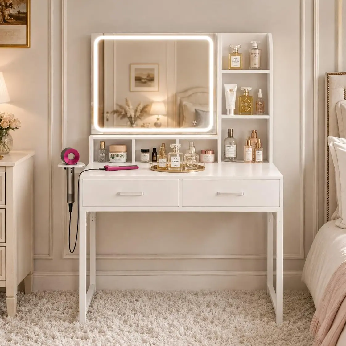 Vanity Desk with Mirror,Vanity Makeup Desk with 3 Colors LED Lights,Modern Vanity Para Mujer with Wooden Drawers,Open Shelves,for Small Space,Bedroom