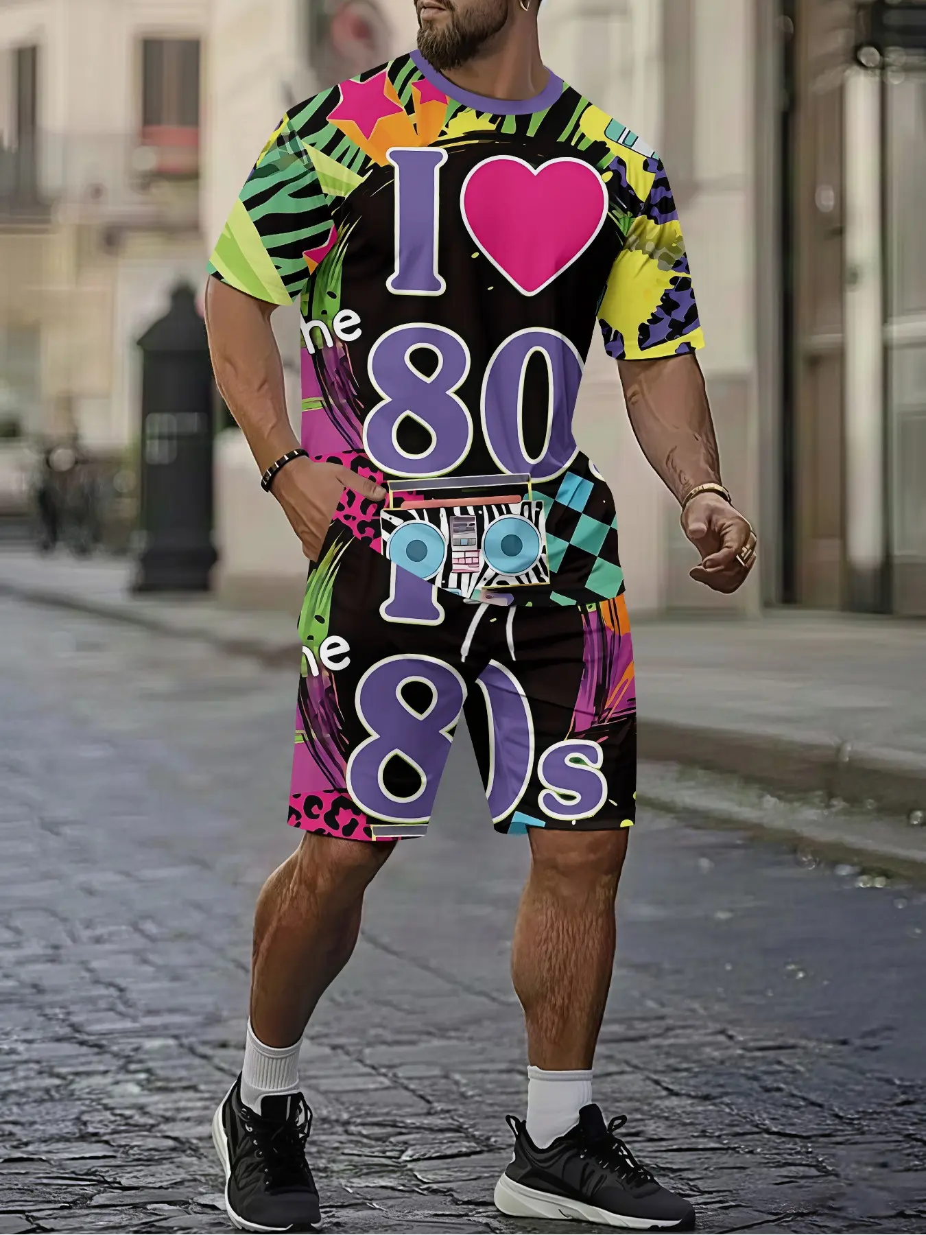 I Love The 80s Vintage Men's 3D Digital Print Two-Piece Set, 2Pcs, Trendy and Fashionable Set, Trendy Vintage Casual Two-Piece Set, Vacation-style Trendy Outfit, Breathable Sporty Casual Style, a Perfect Holiday Gift for Men