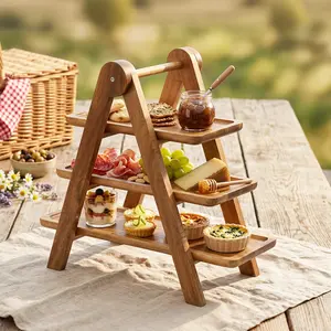3-Tier Foldable Wooden Tray Stand, Space-Saving Multi-Layer Display Rack for Kitchen, Counter, or Table