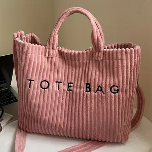 New Corduroy Women's Fashion Solid Color Soft Large Capacity Shoulder Bag with Letter Pattern Contrast Design Adjustable Strap Tote Bag Classic Square Work Bag for Work Shopping Dining as Gift
