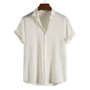 Men's Crinkle Textured Rayon Short Sleeve Shirt Lightweight Breathable Button Down for Summer Beach Vacation Casual Classic Design Quick-Dry