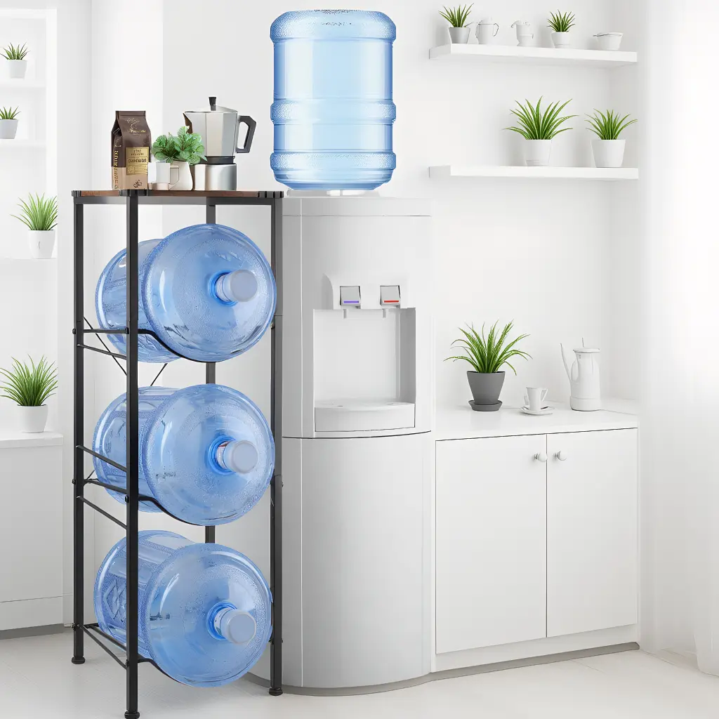 SENROB Heavy-Duty 3-Tier Water Bottle Rack, Organizes 3x 5-Gallon Jugs, with Wooden Top Shelf and Black Metal Frame, Space-Saving Stand Black Storage Rack Kitchen