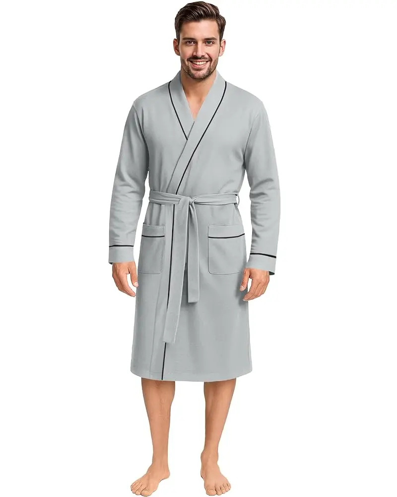 NY Threads Men's Stylish Heather Grey Cotton Blend Robe - Long-Sleeve, Soft Knit Loungewear Sleepwear with Pockets