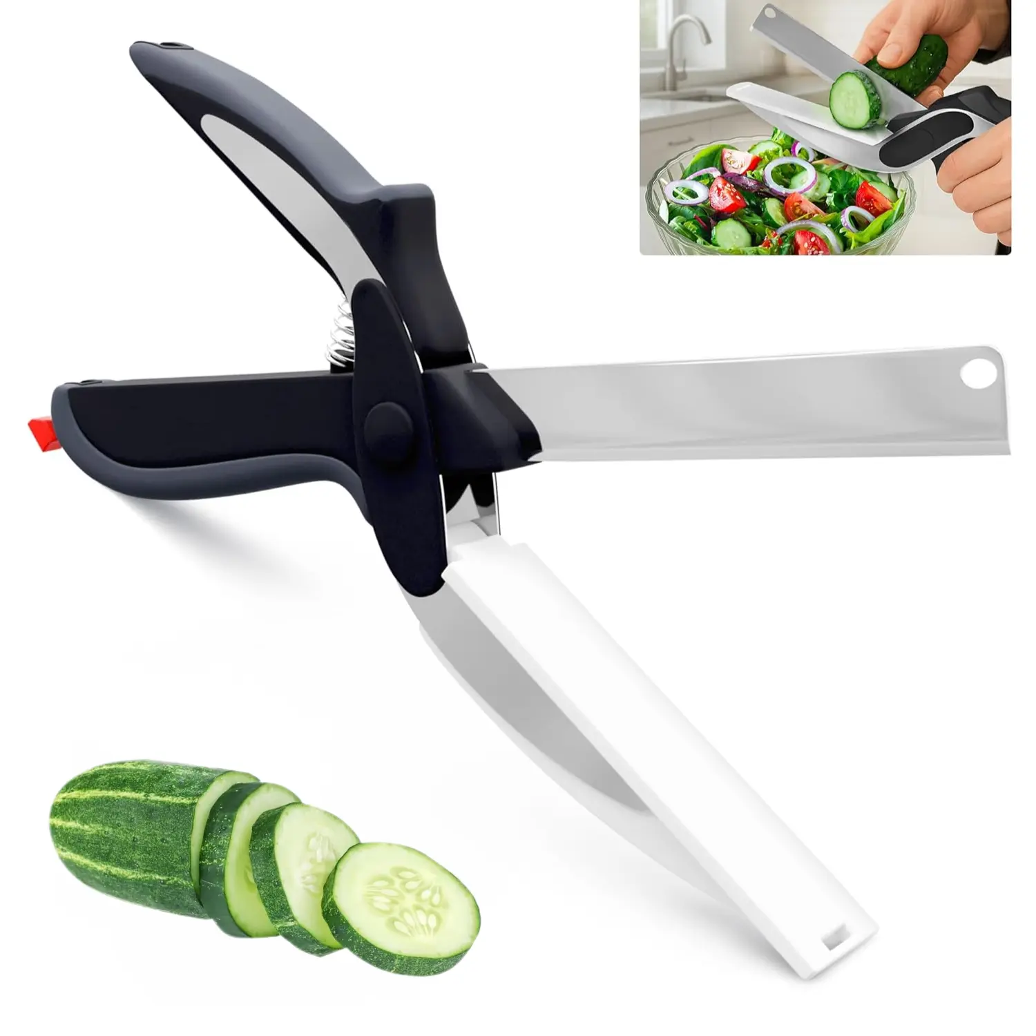 9.6-in Sturdy 2-in-1 Kitchen Scissors - Kitchenware, Stainless Steel Blade, Plastic Cutting Board, Safety Lock, Multi-Use Food Cutter for Cooking, Fast Tomato Prep, Salad Prep Simple Tool