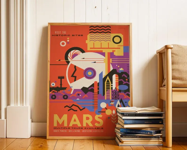 Retro Mars Travel Poster - Vintage Future Space Art - Red Planet Exploration Print