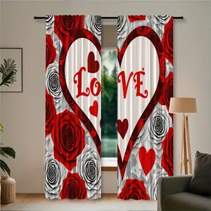 2pc Valentine's Day Romantic Heart Curtains, featuring a red rose and LOVE design, are the perfect gift for friends and suitable for home decoration in dormitories, bedrooms, living rooms, kitchens, dining rooms, studies, cafes, hotels, and apartments