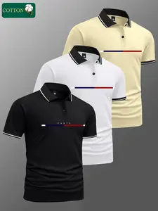 Men’s Summer 3-Pack Paris Letter Print Short-Sleeve Cotton Polo Shirts, classic retro style, lightweight and versatile for sports, casual outdoor wear, and golf fashion; trendy black short sleeves—an ideal gift for men.