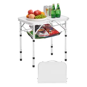 VEVOR Folding Camping Table,  Adjustable Height Portable Side Tables, Aluminum MDF Beach Table with Mesh Layer, Carrying Handle, Lightweight Compact for Outdoor Picnic BBQ Cooking, 24x16in, Silver