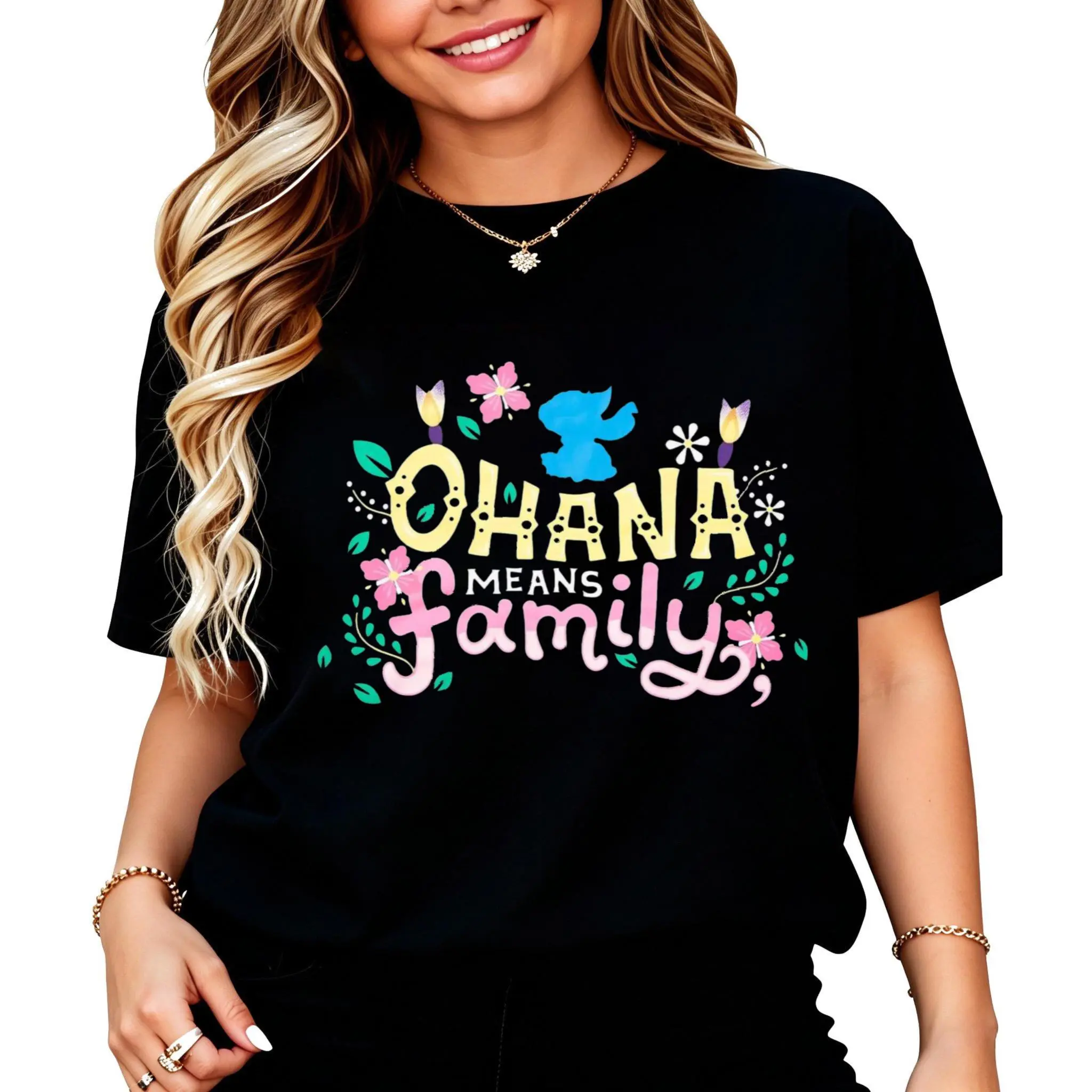 100% Cotton Ohana Means Family With Flowers And Bird T-Shirt Women Men Unisex Clothing Streetwear