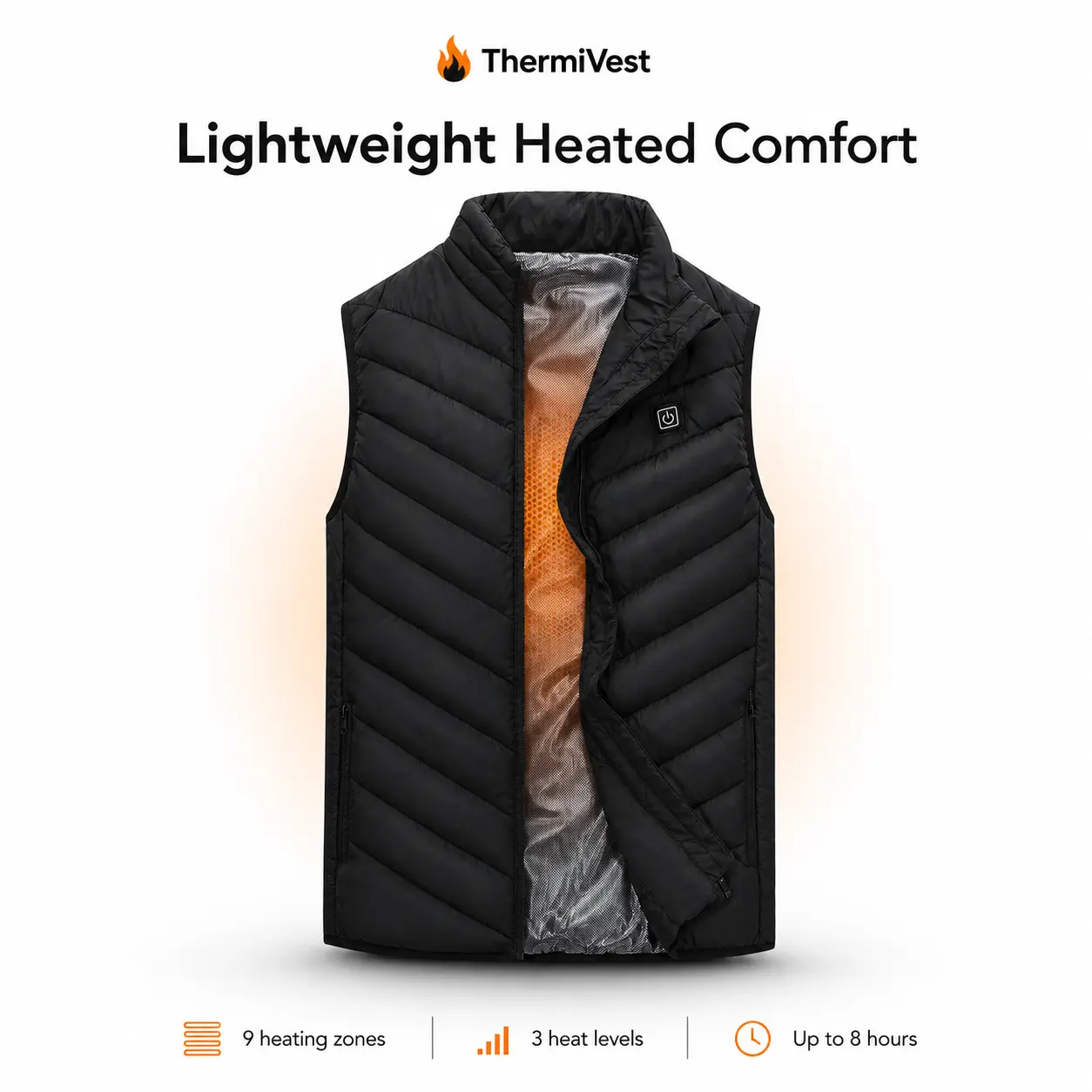 ThermiVest Heated Vest - 9 Heat Zones & 3 Heat Settings Lightweight & Comfortable Water Wind Resistant
