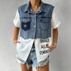 Women's Striped Denim Jackets Shirt, Collared Long Sleeve Splicing Denim Outerwear, Splicing Fake Two Pieces Shirt Coat Top for Daily
