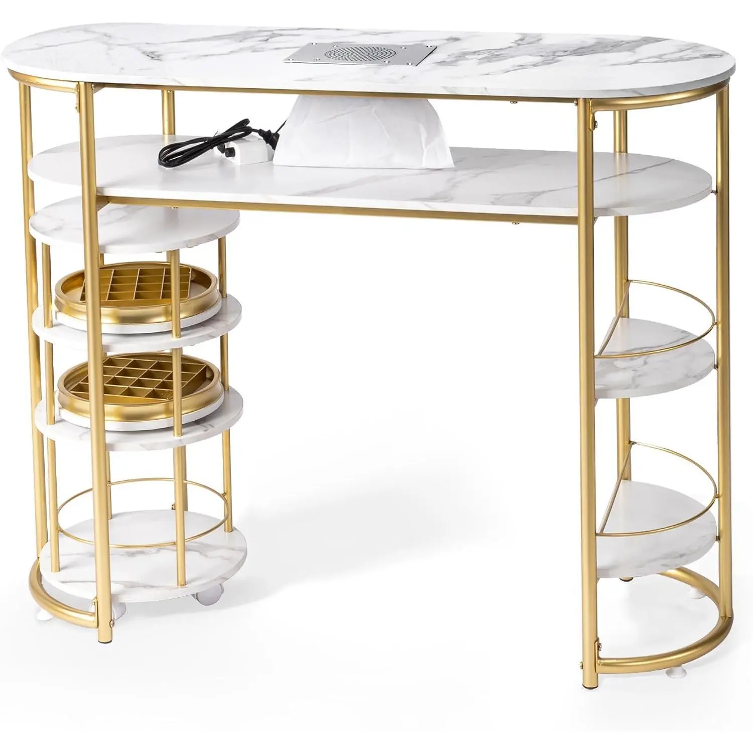 OmySalon Manicure Table w/Dust Collector & Trolley, White Marbling Modern Nail Station w/Rolling Storage Cart, Nail Desk for Nail Tech, for Salon Spa Beauty Makeup, Acetone Resistant