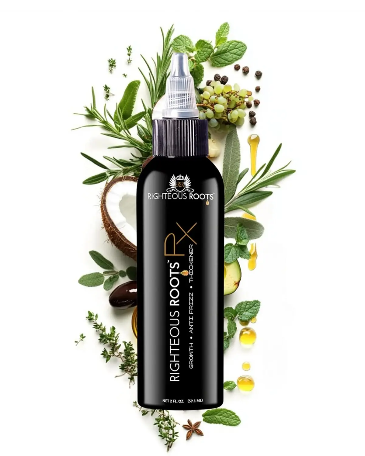 Righteous Roots Rx 4oz Organic Rosemary, Coconut, Jojoba, Jamaican Black Castor, Keratin & Argan Nourishing, Detangling & Thickening Hair Oil
