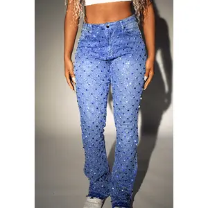 Sareka Royal Blue Rhinestone Stacked Flare Jean