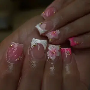 24pcs Y2K Style Short Square Nail Art Set, 3D Flower Gold Pearl Design, Easy Wear Acrylic False Nails, Includes Glue and File