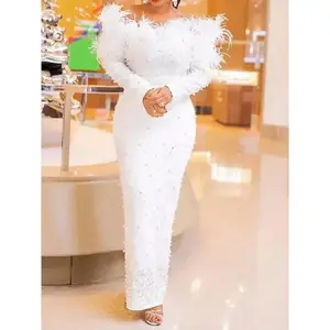 Feather beading party dress for women sexy off shoulder long sleeve elegant bodycon formal event evening wedding robe