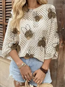 Spring & summer Bohemian knit top, Fashion Knitwear, round neck, hollow-out batwing sleeves, loose fit. Contrast leaf print, lightweight. Suitable for daily, commute, vacation and beach bikini cover-up, casual and elegant.
