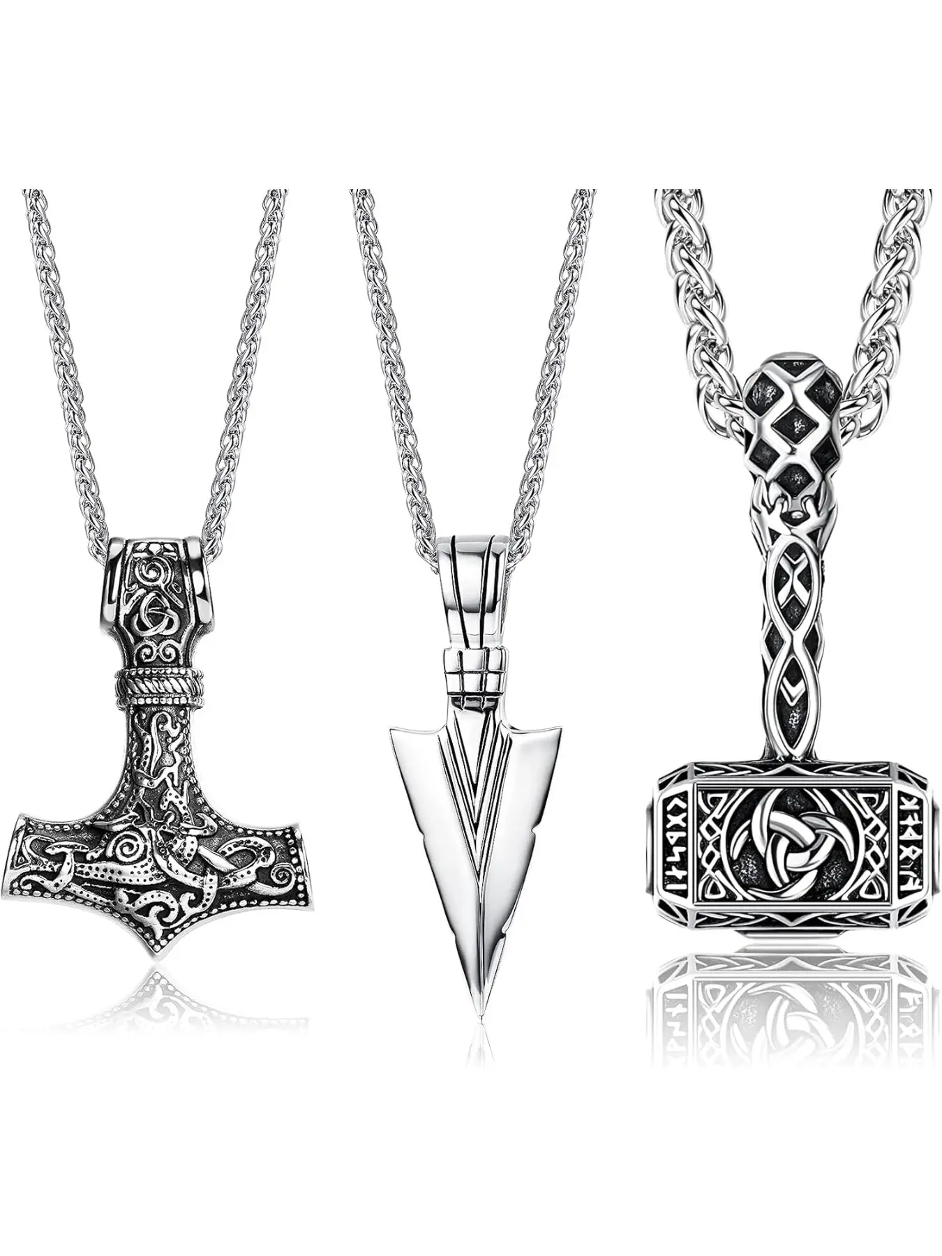 3Pcs Men's Cool Necklace Viking Stainless Steel Thor Hammer Triangle Spearpoint Arrowhead Mjolnir Pendant Chain Necklace Talisman Necklace Vintage Viking Jewelry for Men Boy Fashion Accessory with Basket Chain