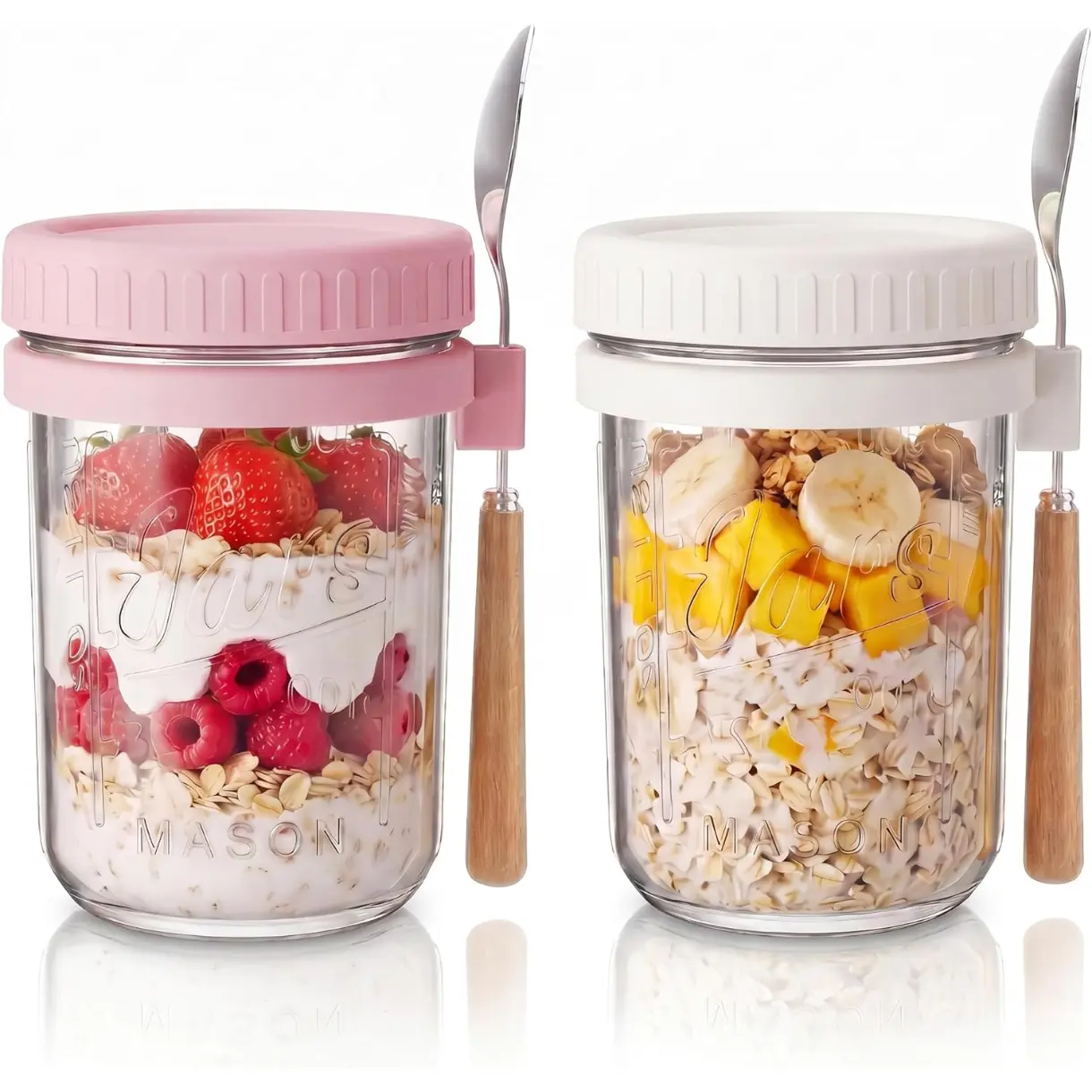 16oz - 2 Pack Overnight Oats Jars with Lids and Spoon, Overnight Oats Container with Lids, Airtigh Oatmeal Containers with Measurement Marks, Wide Mouth Mason Jars for Salad, Cereal - Pink & White