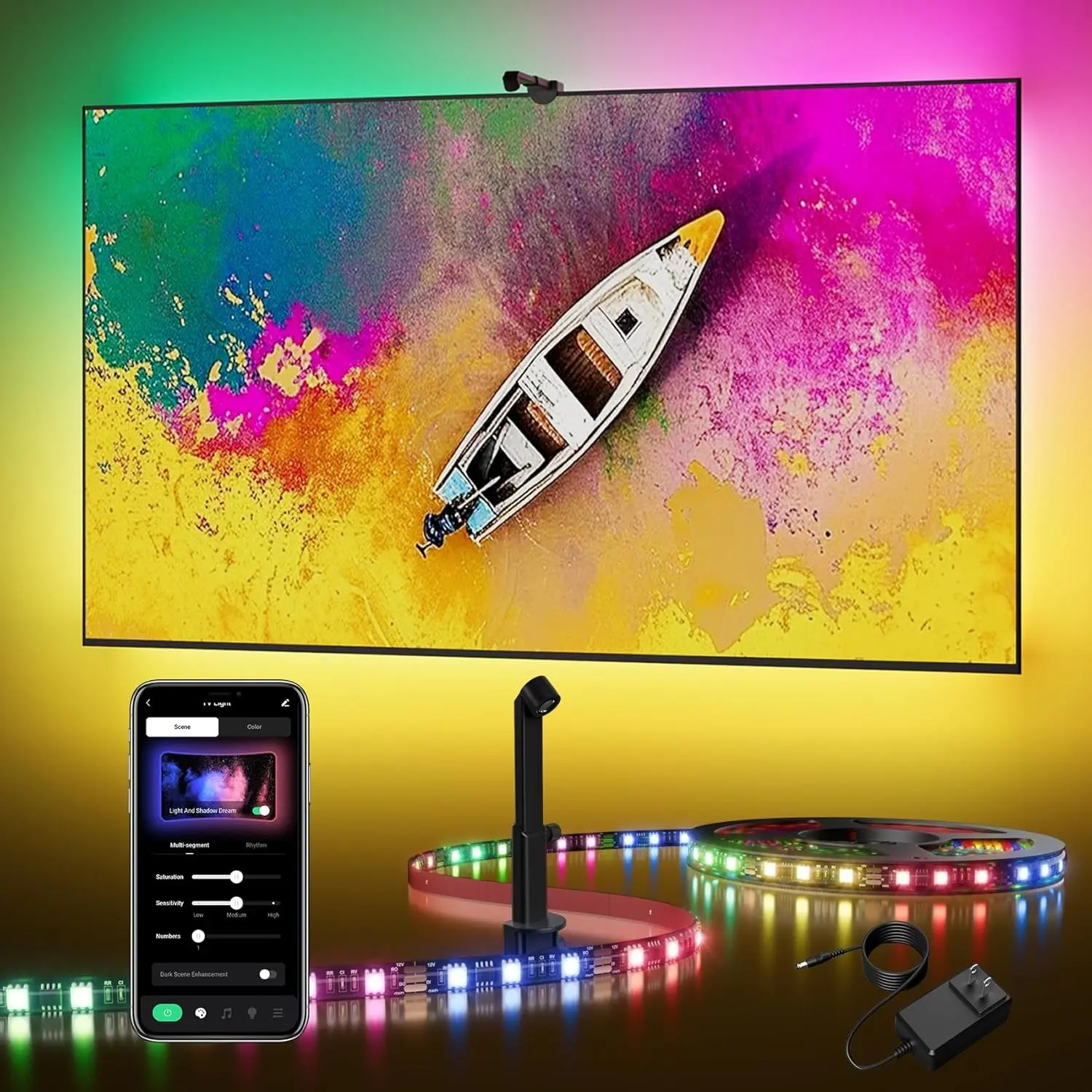 RGB TV Backlight LED Strip 15ft | Screen-Sync Color Changing Lights for 35–85 Inch TV, App Control, Game & Music Mode for Home Decor,Personalized LED Music Night Light