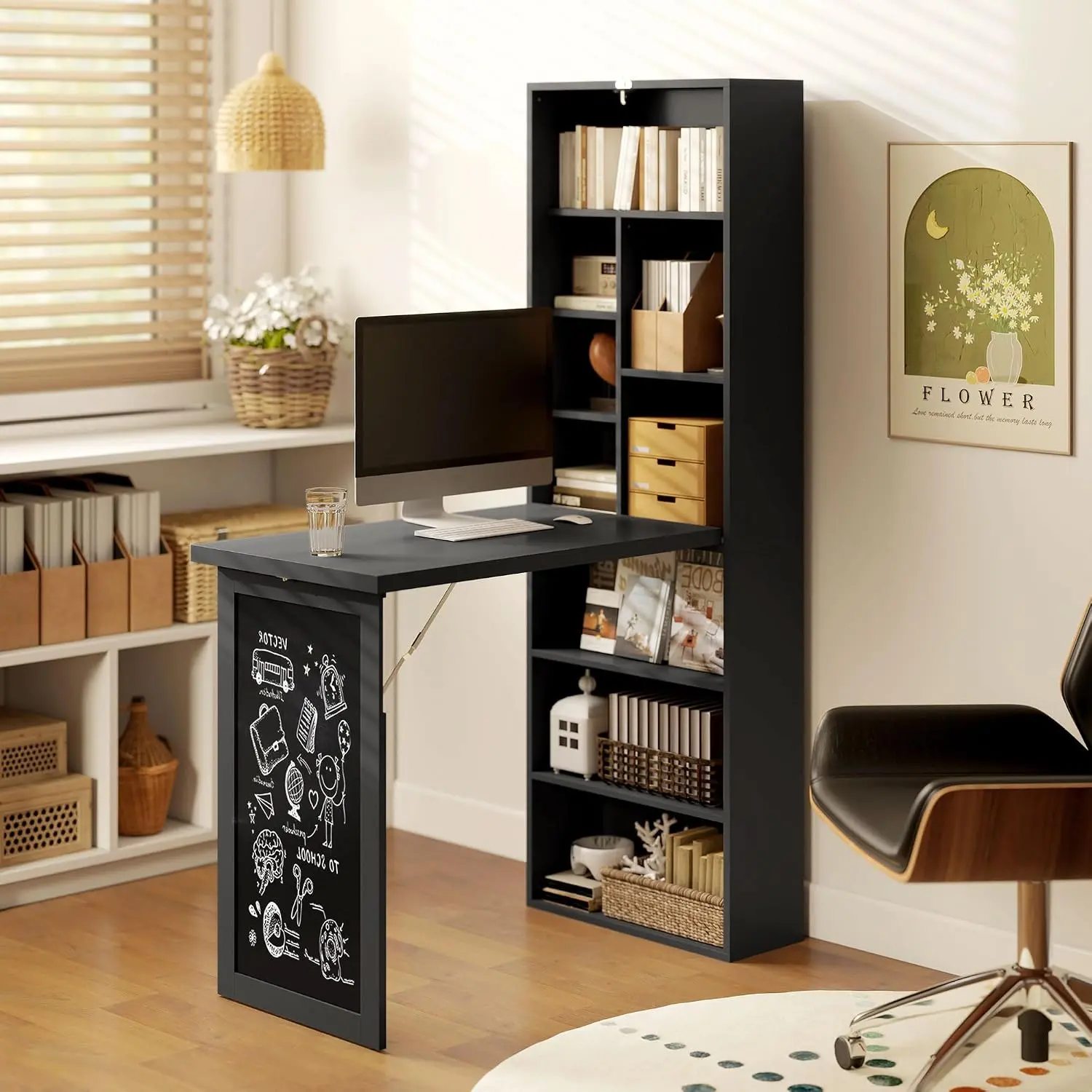 Crestholm Wall-Mount Fold-Out Desk, Converts to 18.75"x31" Workspace, Built-In Chalkboard, 4 Storage Shelves, 110 lb Tabletop, Only 7.7" Deep Closed – Home Office, Dorm