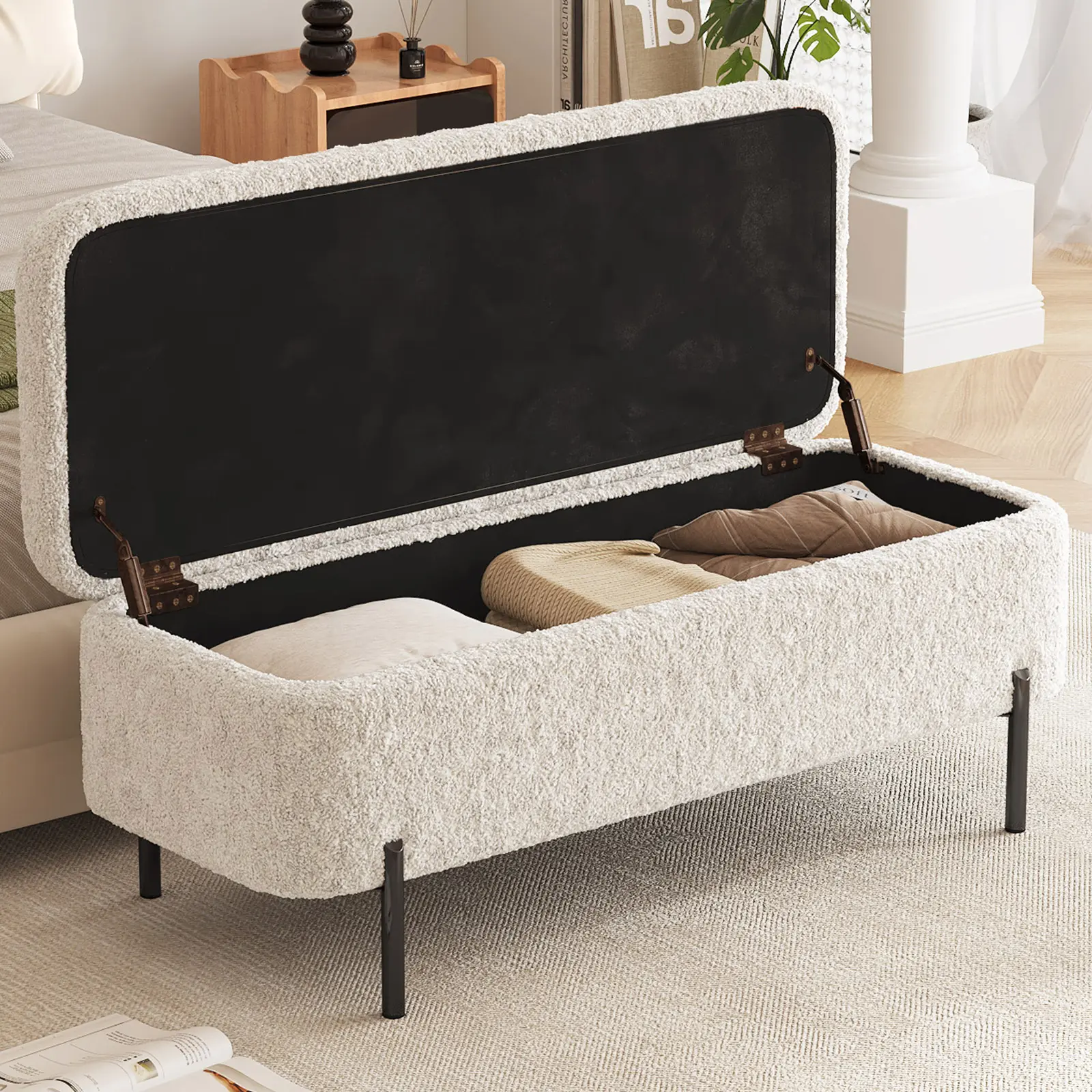 Guyii 47" Cream Bouclé Storage Ottoman Bench, Modern Sherpa Upholstered Bench with Safety Hinge, Large Storage Chest & Shoe Bench for Entryway, Bedroom & Living Room, Easy Assembly
