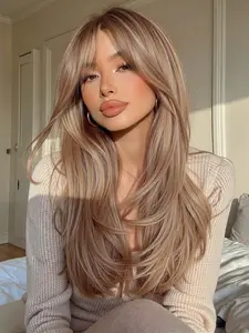 Golden Brown Balayage Layered Synthetic Wig with Curtain Bangs,Natural Looking Ash Blonde Layered Cut Wig with Face Framing Bangs,"Butterfly Cut" Inspired Honey Blonde Highlight Wig