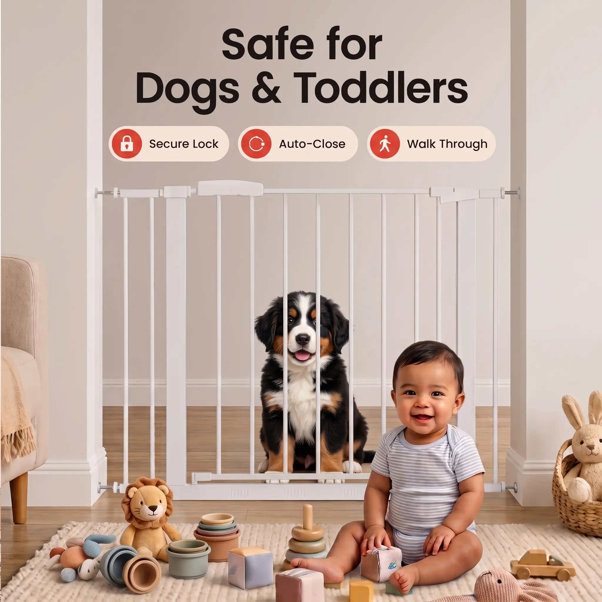 Sweetcrispy Auto-Close White Safety Barrier, Easy-Install Pressure/Hardware Mounted Pet Gate for Dogs, Stairs & Doorways (Toddler Home Safety Essential)