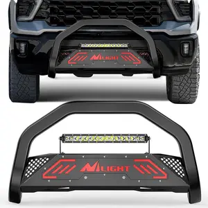 Nilight Bull Bar with Light fits 2019-2024 Chevy Silverado 1500(Excl. 19 LTD Classic) & GMC Sierra 1500(Excl. 19 LTD Classic) Front Bumper Grille Brush Push Guard with Skid Plate Licence Plate Hole