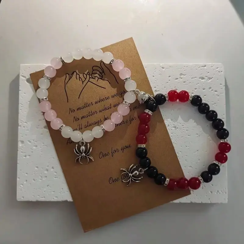 2Pcs Fashionable Matching Bracelets With Spider Charm Pendant  For Couples Best Friendship Holiday Gift Jewelry Accessory