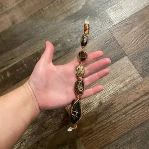 Crystal Energy Wand “The Dragon's Root” Obsidian Jasper Wishline Stone Dalmatian Jasper Dragon's Blood Stone Jade Clear Quartz Wrapped in Copper for Reiki Energy Healing and Rituals