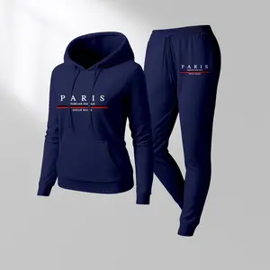Women's PARIS Print Hoodie And Drawstring Track Pants Set, Casual Sportswear, Long-Sleeved Hooded Jacket And Pants, Suitable For Autumn And Winter, Everyday Wear, Indoor And Outdoor Sportswear, Sportswear Set, Casual Sportswear.