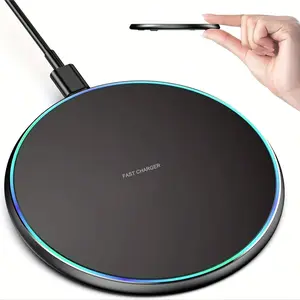 15W Fast Wireless Charging Pad with LED Light - Ultra Thin Round Charger Station for Desk Travel Home Office, Portable Phone Charger Compatible with iPhone Compatible with Samsung Android, Black White, Ideal Gift for Halloween, Christmas, Birthday, Foldab