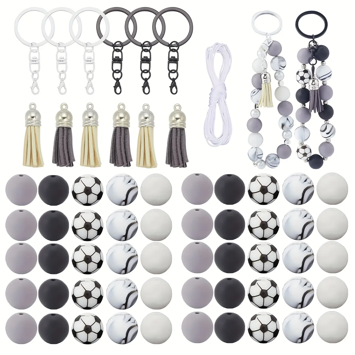 127pcs Silicone Bead Craft Kit with Tassel Keychains, Elastic Cord & Spherical Beads (White/Black/Grey) - DIY Jewelry Making, Bracelet & Backpack Charms, Multicolor Beads for Necklace Accessories, Non-Toxic for & s