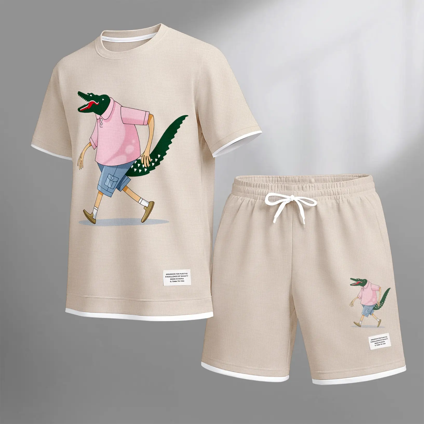 Men's spring and summer 2-piece set with fun prints, featuring a short-sleeve top and drawstring shorts. Perfect for daily wear, workouts, travel, and casual outings. Comfortable, stylish, and easy to wear for a relaxed summer look Shortsleeve